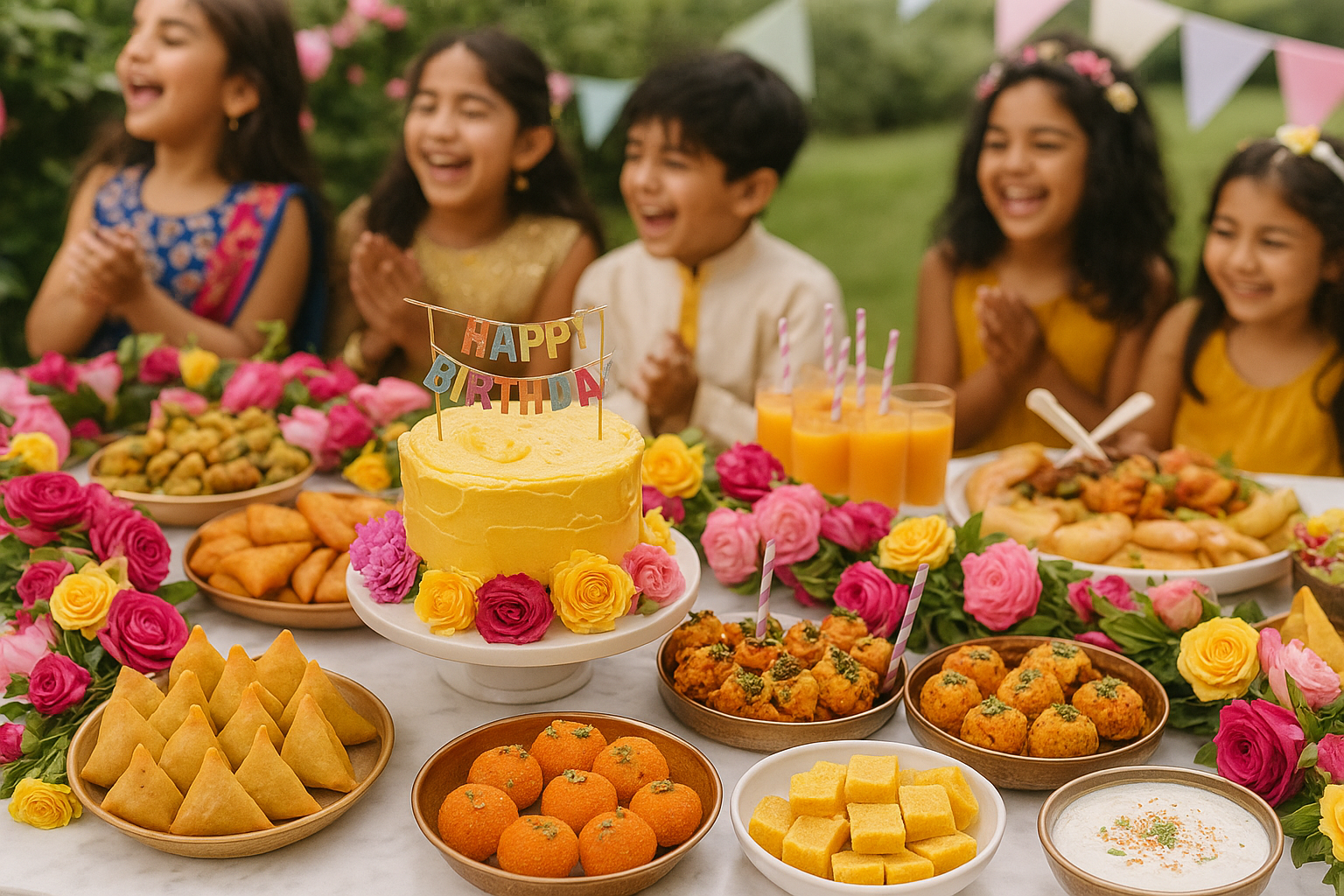 Joyful birthday party setup with vibrant decorations and styled catering by House of Chandel